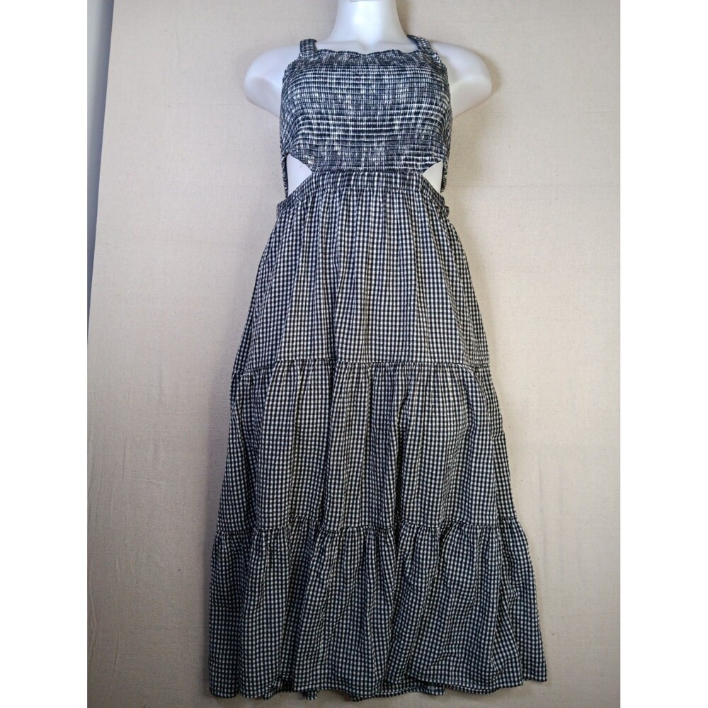 American Eagle Smocked Cut-Out Tiered Midi Dress XL Black White Gingham EUC